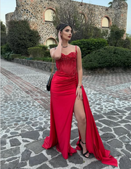 Pretty Mermaid Spaghetti Straps Slit Red Satin Prom Dresses Long Party Dress SD2386