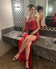 Pretty Mermaid Spaghetti Straps Slit Red Satin Prom Dresses Long Party Dress SD2386