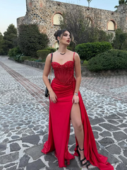 Pretty Mermaid Spaghetti Straps Slit Red Satin Prom Dresses Long Party Dress SD2386