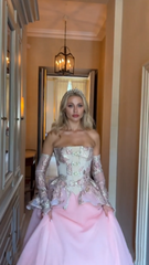 Pretty Ball Gown Strapless Pink Long Lace Prom Dresses Formal Evening Dress SD2393