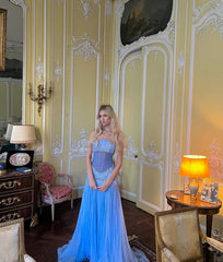 Pretty A Line Off The Shoulder Maxi Long Party Light Blue Chiffon Prom Dresses Evening Dress SD2395