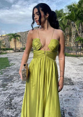 Pretty A Line Halter Green Long Satin Prom Dresses Formal Evening Dress SD2400