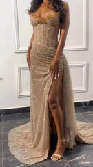 Gorgeous Mermaid Spaghetti Straps Floor Length Sequin Slit Evening Dress Prom Dresses SD2402