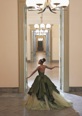 Pretty Ball Gown Strapless Olive Green Long Satin Prom Dresses Formal Evening Dress SD2404