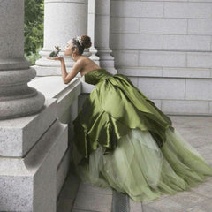 Pretty Ball Gown Strapless Olive Green Long Satin Prom Dresses Formal Evening Dress SD2404