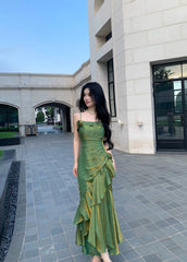 Retro Mermaid Spaghetti Straps Satin Long Party Dress Green Prom Dresses SD2408