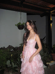 Gorgeous A Line Straps Floor Length Pink Lace Layers Evening Dress Prom Dresses SD2410