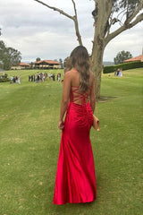 Pretty Mermaid Spaghetti Straps Red Long Satin Prom Dresses Formal Evening Dress SD2419