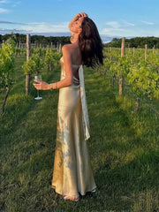 Simple Mermaid Strapless Neckline Long Party Dress Satin Yellow Prom Dresses SD2424