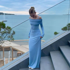 Simple Mermaid Spaghetti Straps Off The Shoulder Neckline Light Blue Long Party Dress Prom Dresses SD2436