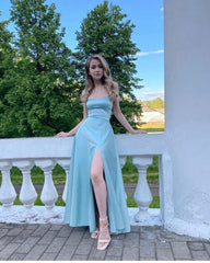 Simple A line Spaghetti Straps Light Blue Long Party Dress Slit Prom Dresses SD2441