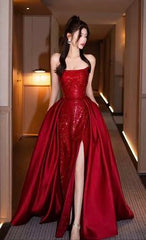 Vintage Mermaid Strapless Neckline Red Sequin Long Party Dress Prom Dresses SD2445