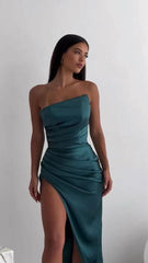Vintage Sheath Strapless Neckline Slit Satin Long Party Dress Prom Dresses SD2446