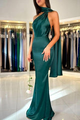 Classy Sheath High Neckline Satin Long Party Dress Green Prom Dresses SD2448