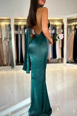 Classy Sheath High Neckline Satin Long Party Dress Green Prom Dresses SD2448