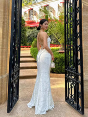 Modest Mermaid Spaghetti Straps Long White Prom Dresses Formal Graduation Party Dress Evening Dress SD2461