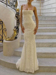 Modest Mermaid Spaghetti Straps Long White Prom Dresses Formal Graduation Party Dress Evening Dress SD2461