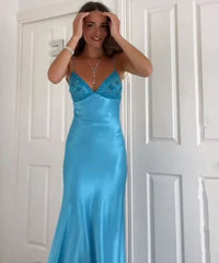 Classy V-neck Blue Beaded Back Tie A-line Long Prom Dress SD2470