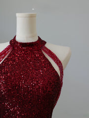 Simple Mermaid Scoop Neckline Burgundy Sequin Long Party Dress Prom Dresses SD2474