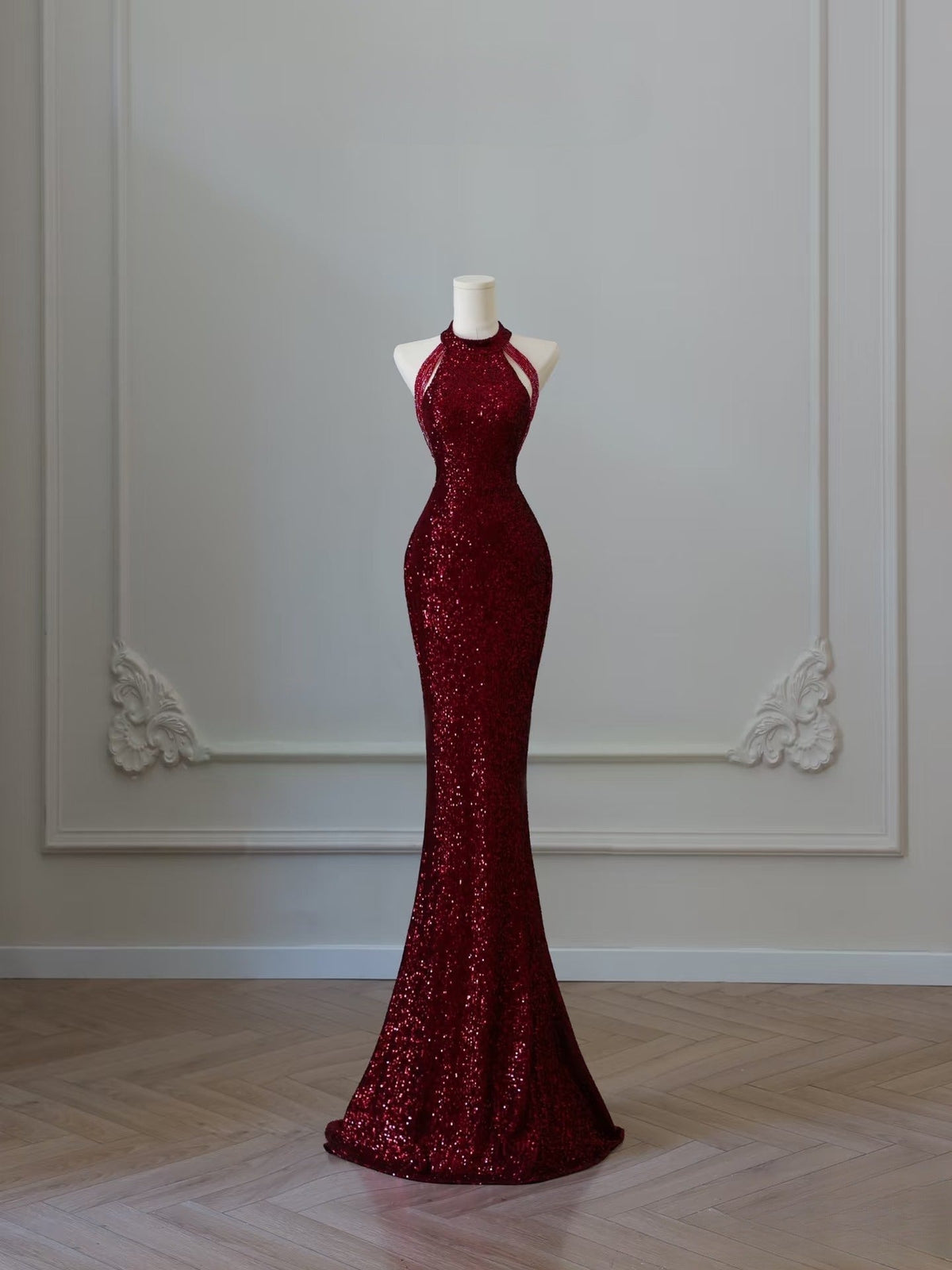 Simple Mermaid Scoop Neckline Burgundy Sequin Long Party Dress Prom Dresses SD2474