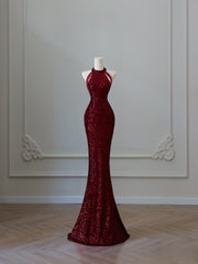 Simple Mermaid Scoop Neckline Burgundy Sequin Long Party Dress Prom Dresses SD2474