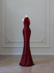 Simple Mermaid Scoop Neckline Burgundy Sequin Long Party Dress Prom Dresses SD2474