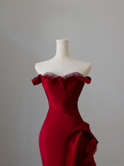 Simple Mermaid Off The Shoulder Neckline Burgundy Sequin Long Party Dress Prom Dresses SD2478