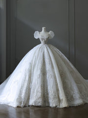 Timeless Ball Gown Off The Shoulder Short Sleeves Tulle Sequin Wedding Dresses Bridal Dress SD2480