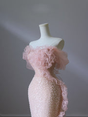 Classy Mermaid Strapless Pink Sequin Long Evening Dress Prom Dresses SD2495