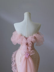 Classy Mermaid Strapless Pink Sequin Long Evening Dress Prom Dresses SD2495