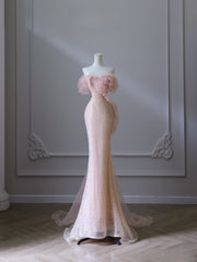 Classy Mermaid Strapless Pink Sequin Long Evening Dress Prom Dresses SD2495