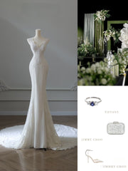 Timeless Mermaid V Neckline Satin Ivory Long Wedding Dress Bridal Dresses SD2496