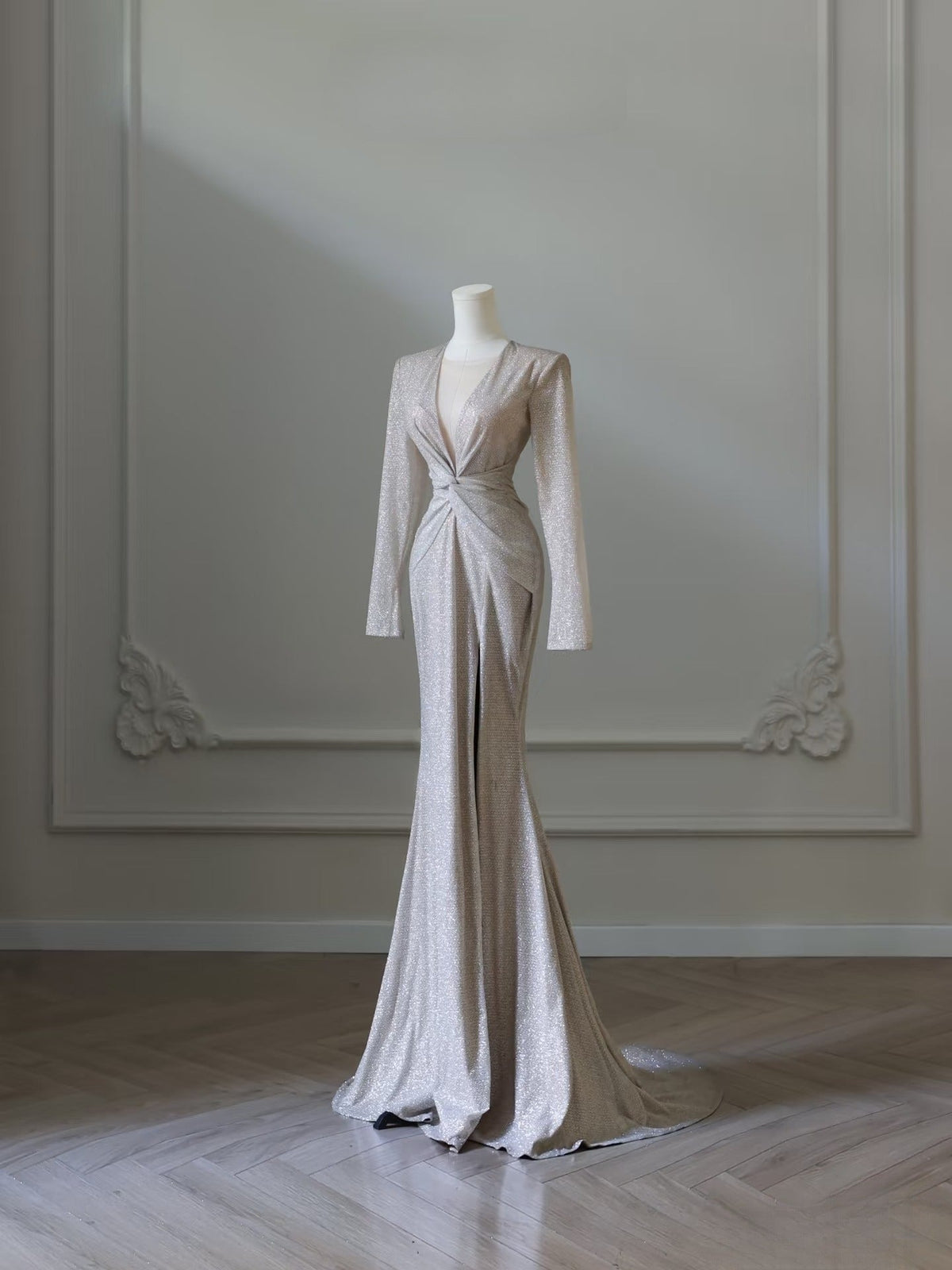 Classy Mermaid V Neckline Long Sleeves Sequin Ruffles Long Evening Dress Prom Dresses SD2499