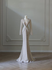 Classy Mermaid V Neckline Long Sleeves Sequin Ruffles Long Evening Dress Prom Dresses SD2499