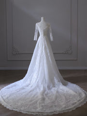 Timeless A line V Neckline Tulle White Lace Long Wedding Dress Bridal Dresses SD2503
