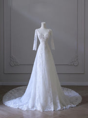 Timeless A line V Neckline Tulle White Lace Long Wedding Dress Bridal Dresses SD2503