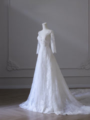 Timeless A line V Neckline Tulle White Lace Long Wedding Dress Bridal Dresses SD2503