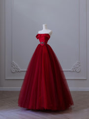 Classy Balll Gown Strapless Red Tulle Long Evening Dress Prom Dresses SD2516