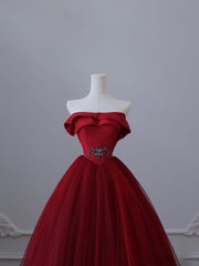 Classy Balll Gown Strapless Red Tulle Long Evening Dress Prom Dresses SD2516
