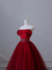 Classy Balll Gown Strapless Red Tulle Long Evening Dress Prom Dresses SD2516