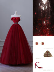 Classy Balll Gown Strapless Red Tulle Long Evening Dress Prom Dresses SD2516