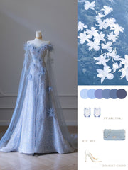 Classy Balll Gown Sweetheart Floral Blue Tulle Long Evening Dress Prom Dresses SD2518