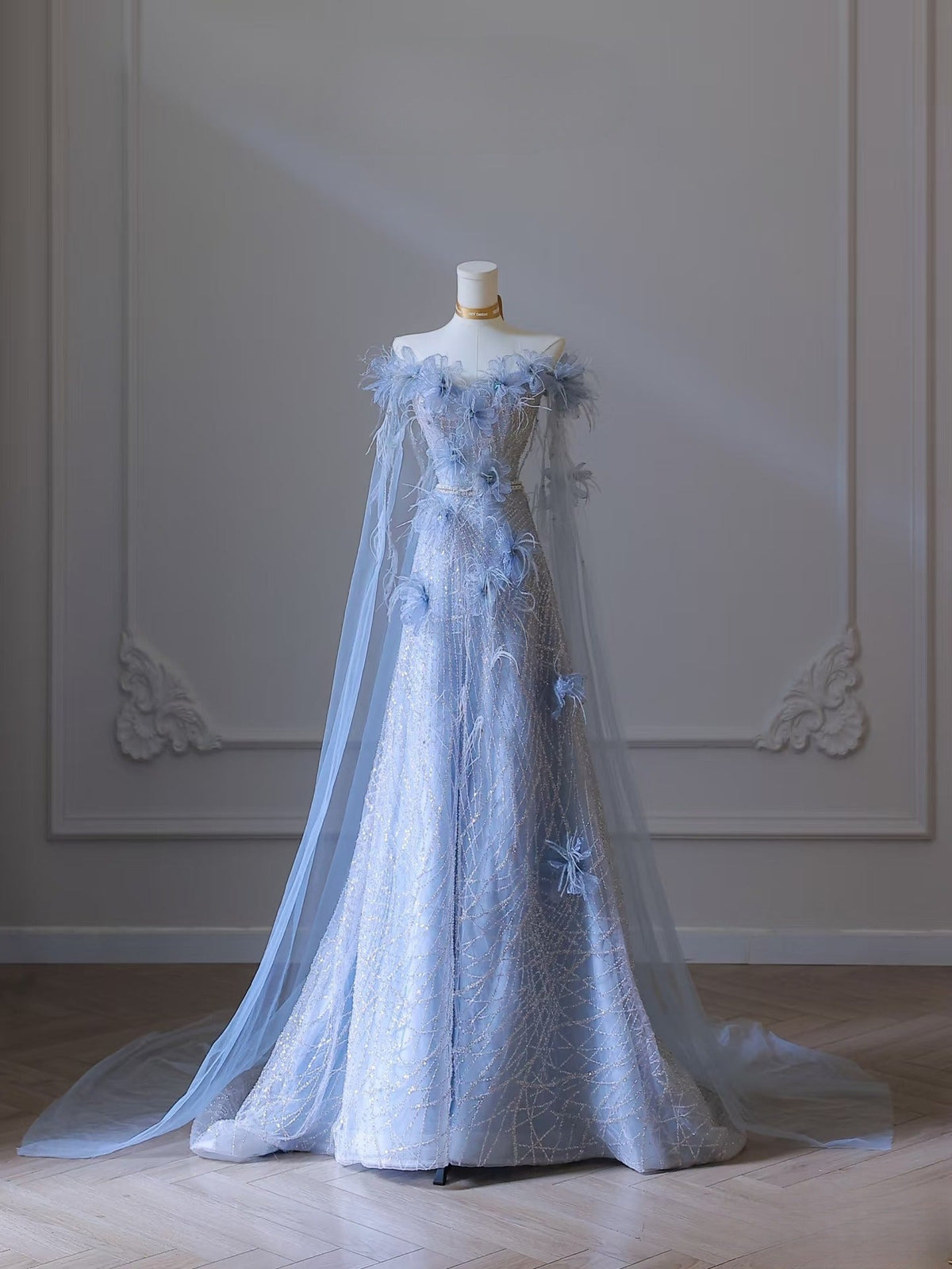 Classy Balll Gown Sweetheart Floral Blue Tulle Long Evening Dress Prom Dresses SD2518