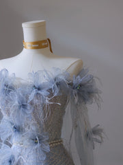 Classy Balll Gown Sweetheart Floral Blue Tulle Long Evening Dress Prom Dresses SD2518