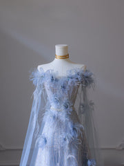 Classy Balll Gown Sweetheart Floral Blue Tulle Long Evening Dress Prom Dresses SD2518