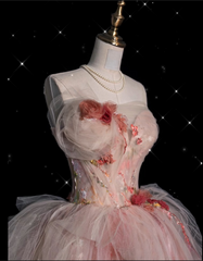 Classy Ball Gown Sweetheart Pink Floral Tulle Long Evening Dress Prom Dresses SD2525