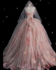 Classy Ball Gown Sweetheart Pink Floral Tulle Long Evening Dress Prom Dresses SD2525