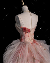 Classy Ball Gown Sweetheart Pink Floral Tulle Long Evening Dress Prom Dresses SD2525