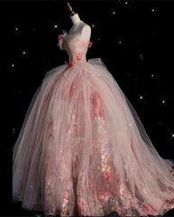 Classy Ball Gown Sweetheart Pink Floral Tulle Long Evening Dress Prom Dresses SD2525