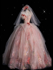 Classy Ball Gown Sweetheart Pink Floral Tulle Long Evening Dress Prom Dresses SD2525